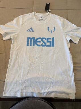 adidas White Tee with Light Blue MESSI Graphic